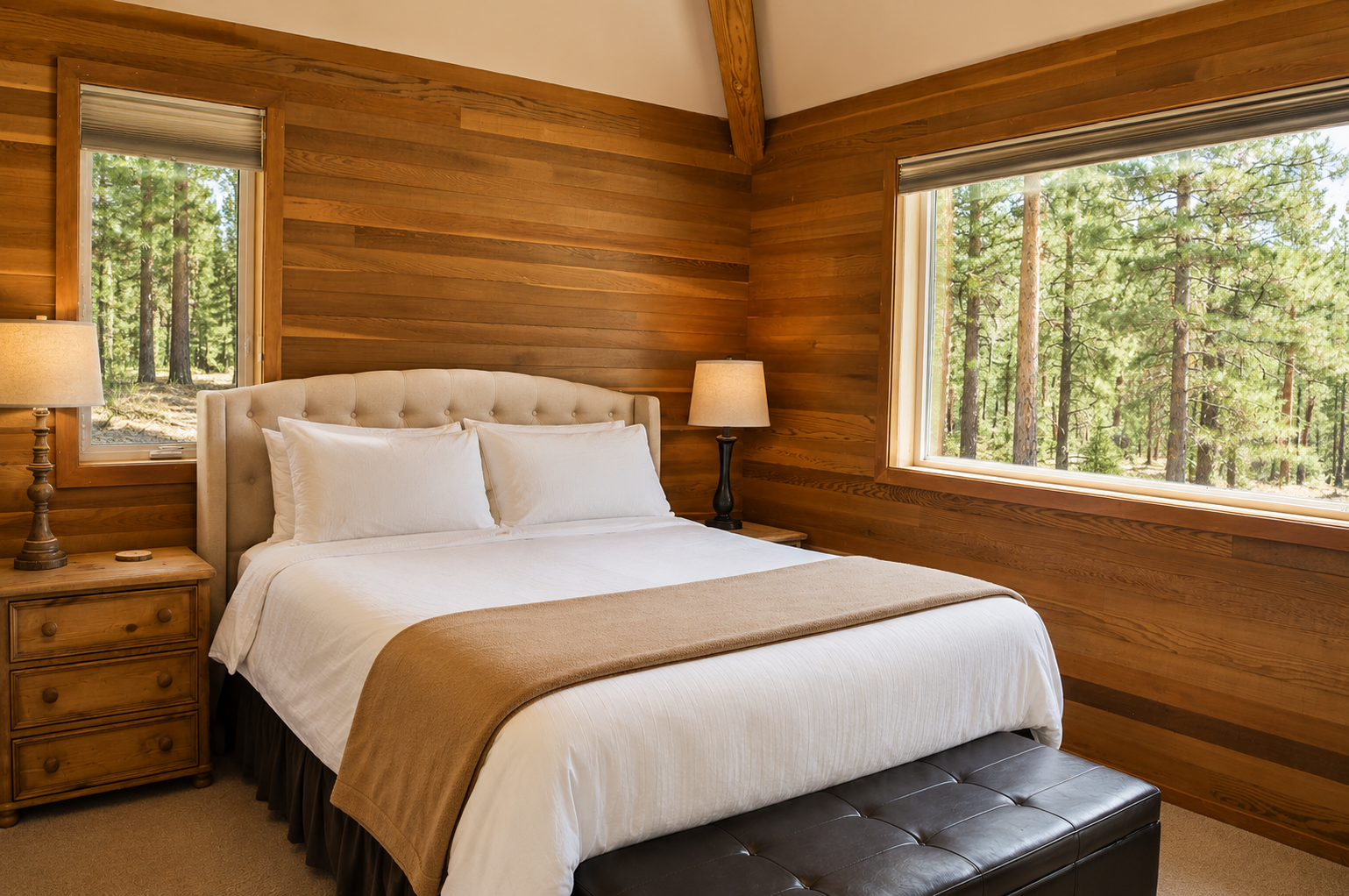 Sink into crisp linens and wake to forest views framing your cozy wooden sanctuary—your peaceful retreat awaits.
