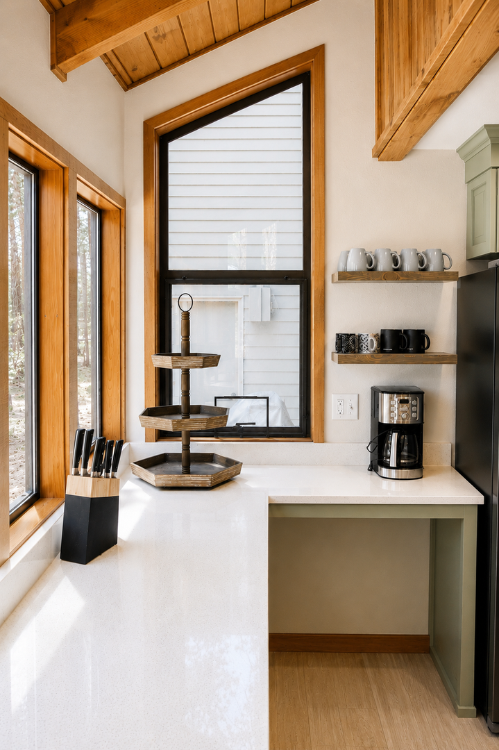 Your modern kitchen blends natural wood accents and clean lines. Sunlight pours through large windows, illuminating open shelving stocked with coffee essentials and a sleek workspace for morning routines.