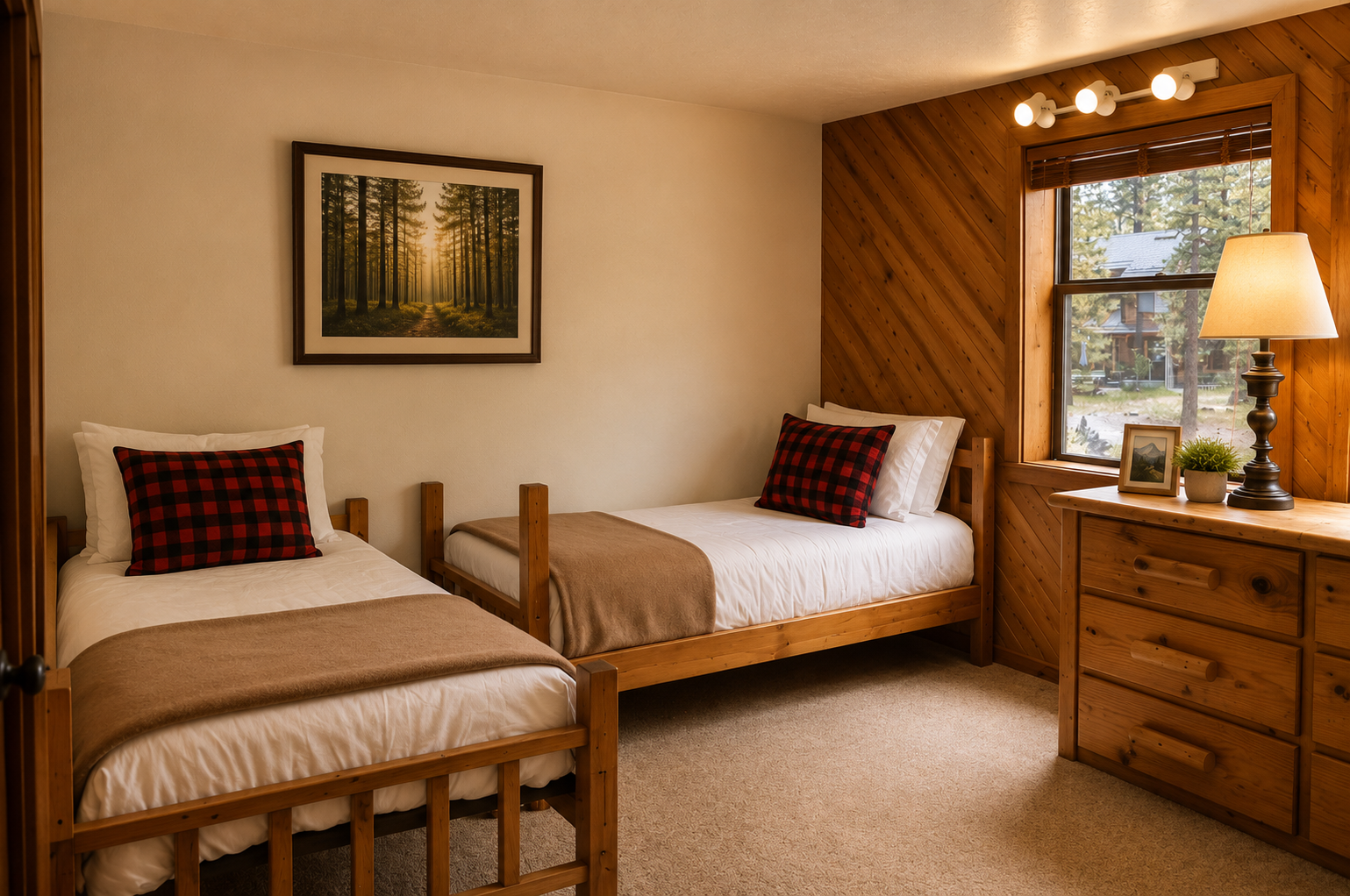 Unwind in this cozy twin bedroom, where rustic wood accents and plaid pillows create a warm, cabin-inspired retreat perfect for restful nights.