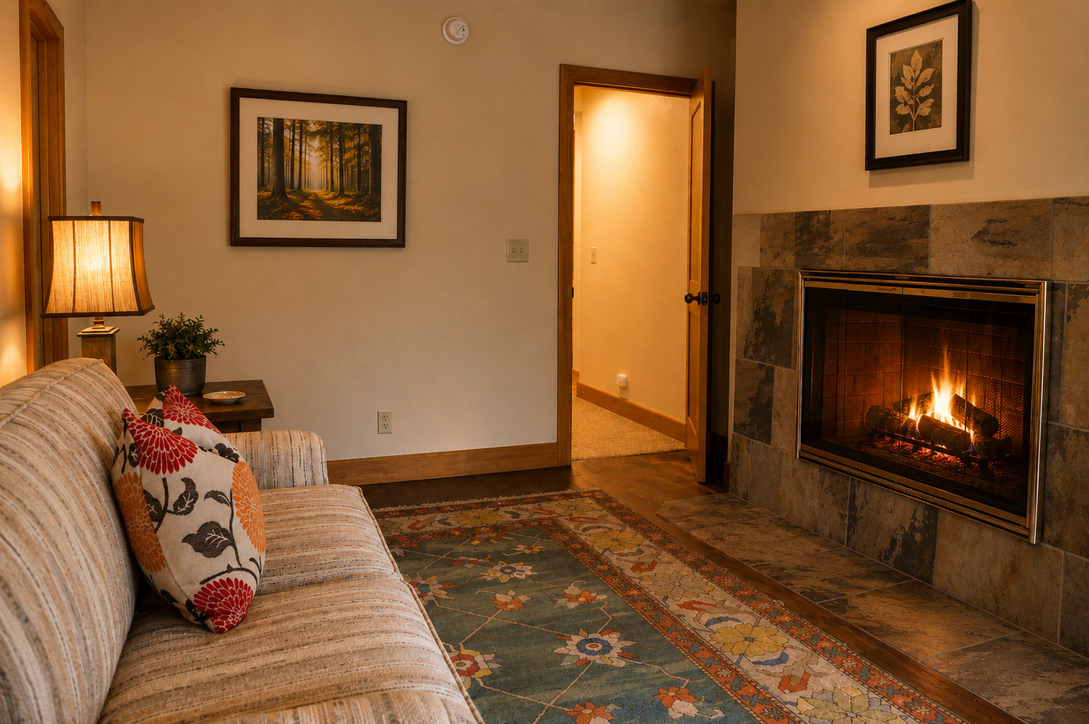 Curl up on the soft couch and let the crackling fireplace warm your soul, surrounded by nature-inspired art that brings the outdoors in.