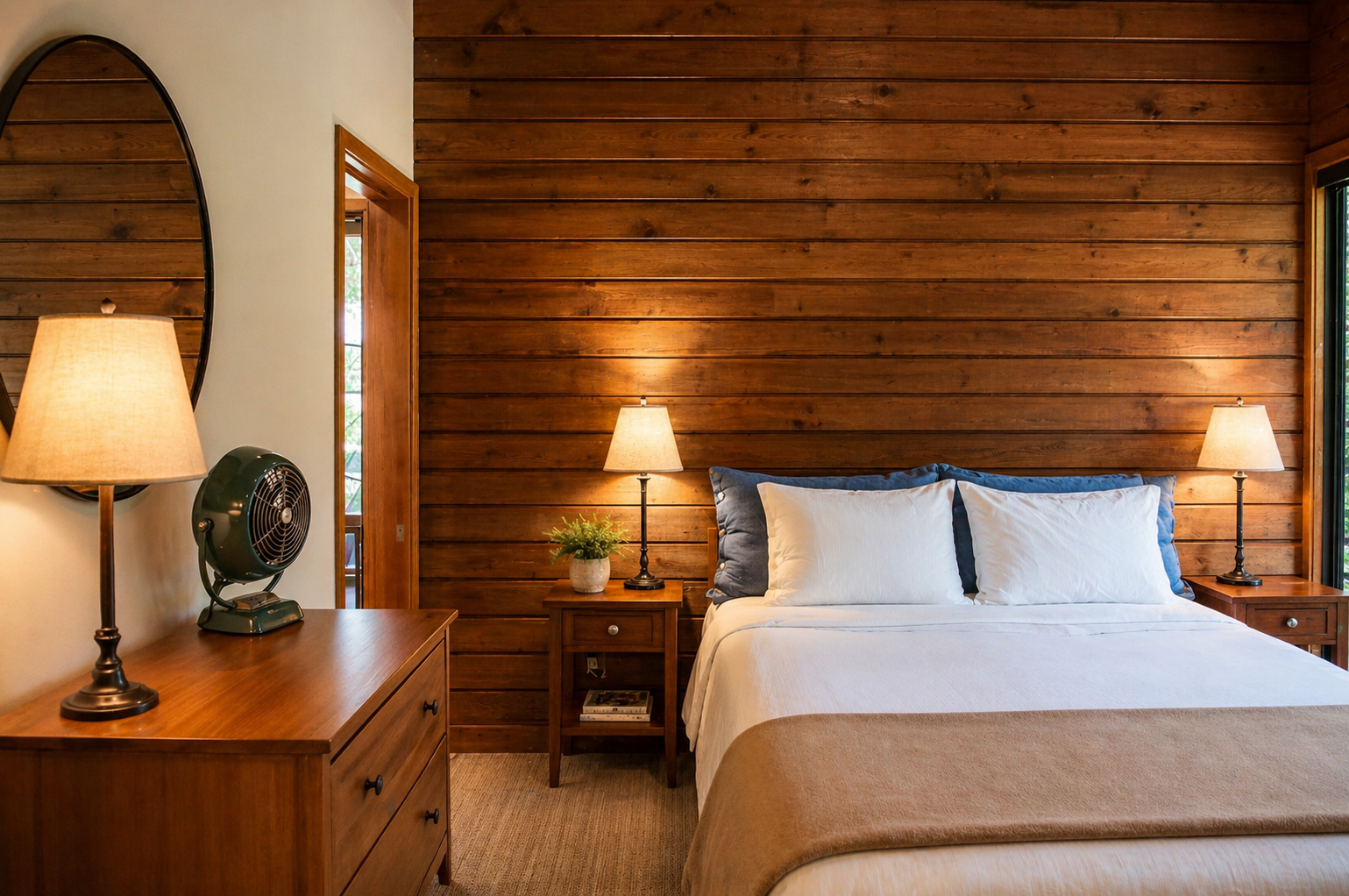 Sink into crisp white linens and relax in your cozy cabin-style retreat, where warm wood walls and soft bedside lighting create the perfect atmosphere for restful nights.