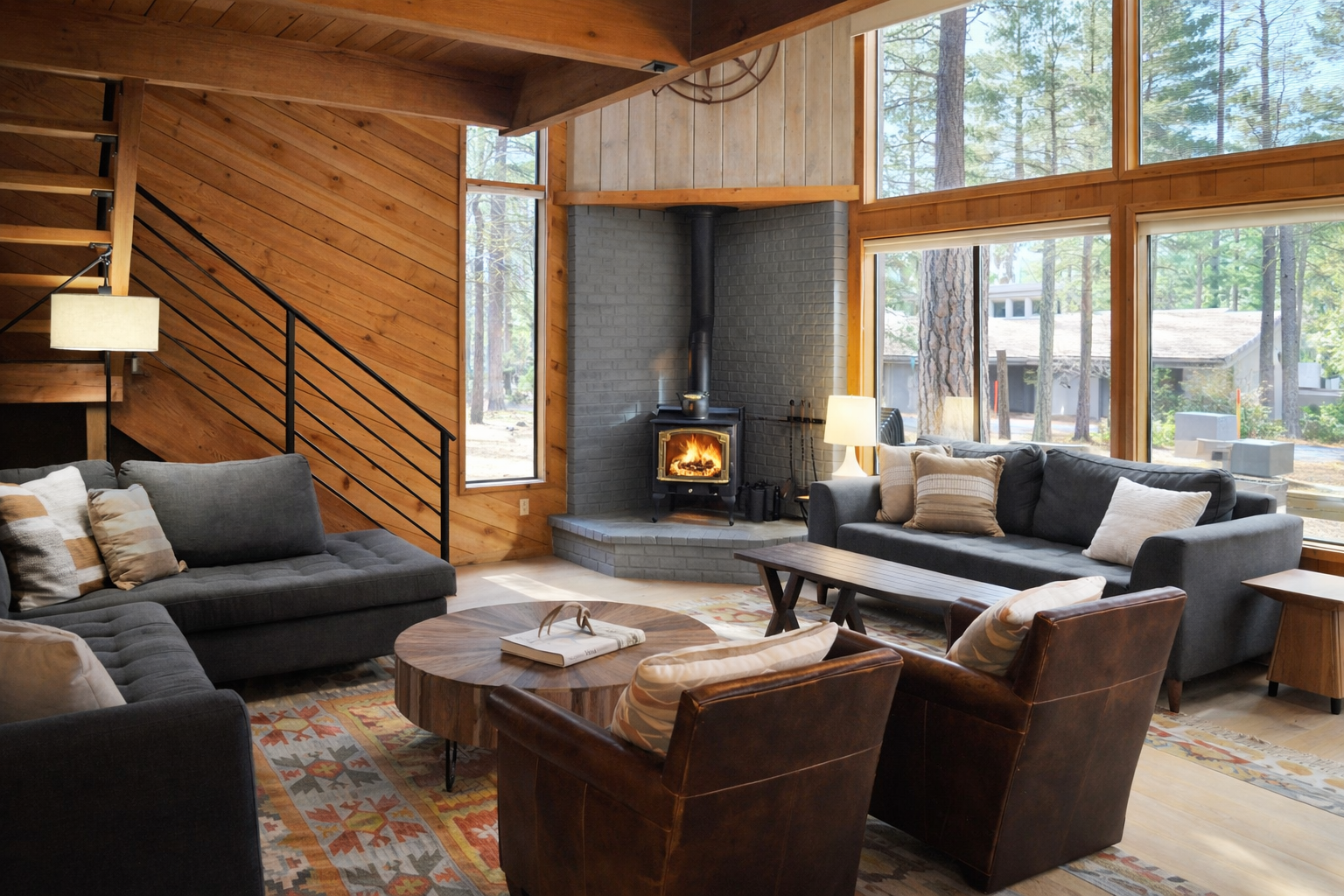 Curl up by the crackling fireplace in this stunning open-plan living space, where floor-to-ceiling windows frame forest views and cozy furnishings invite relaxation.