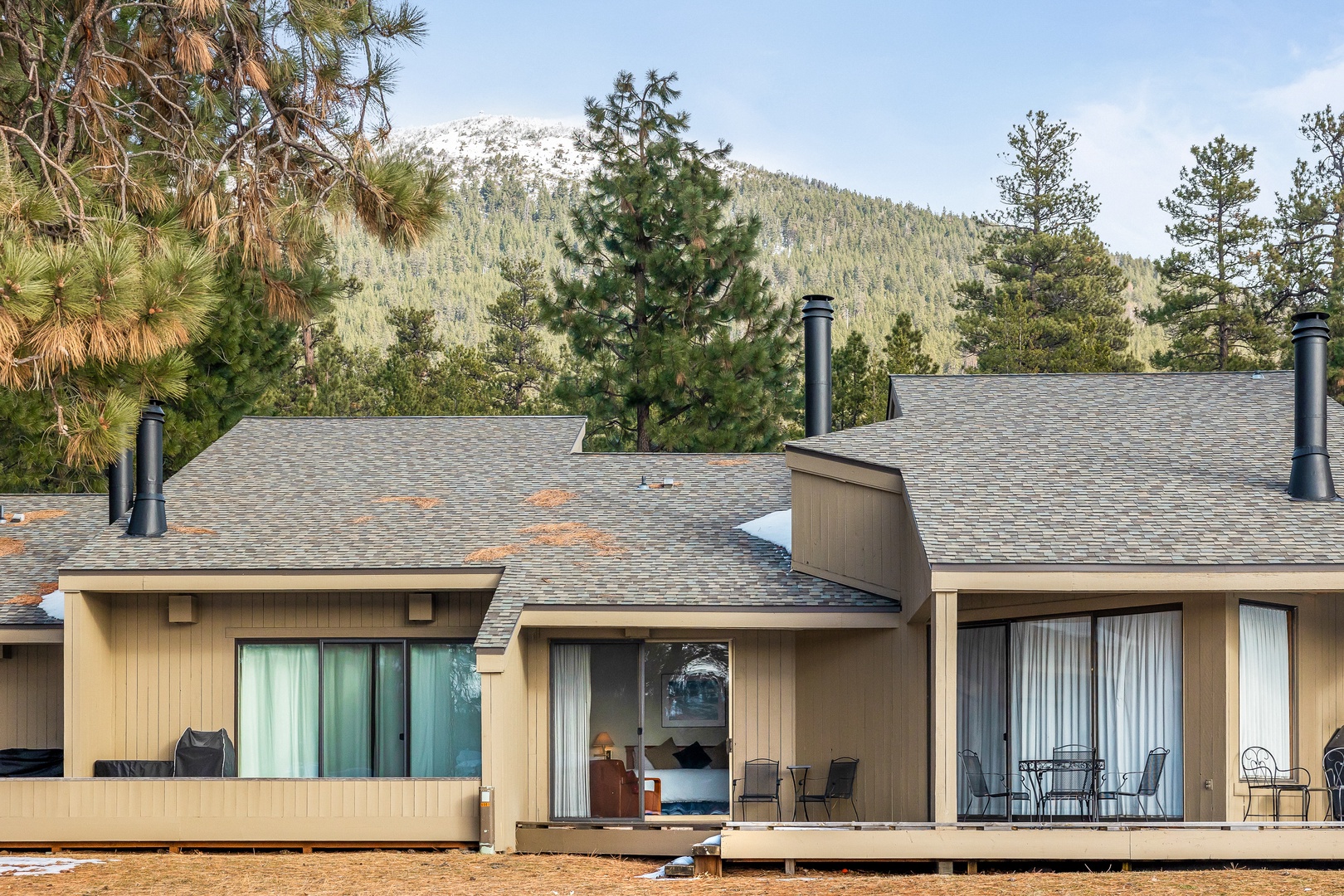 Modern vacation retreat nestled among towering pines with snow-capped mountain backdrop creating the perfect alpine escape.