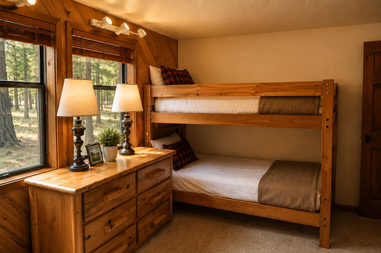 Your cozy forest retreat awaits with handcrafted bunk beds and warm wood accents. Wake to sunlight filtering through towering pines just outside your window.