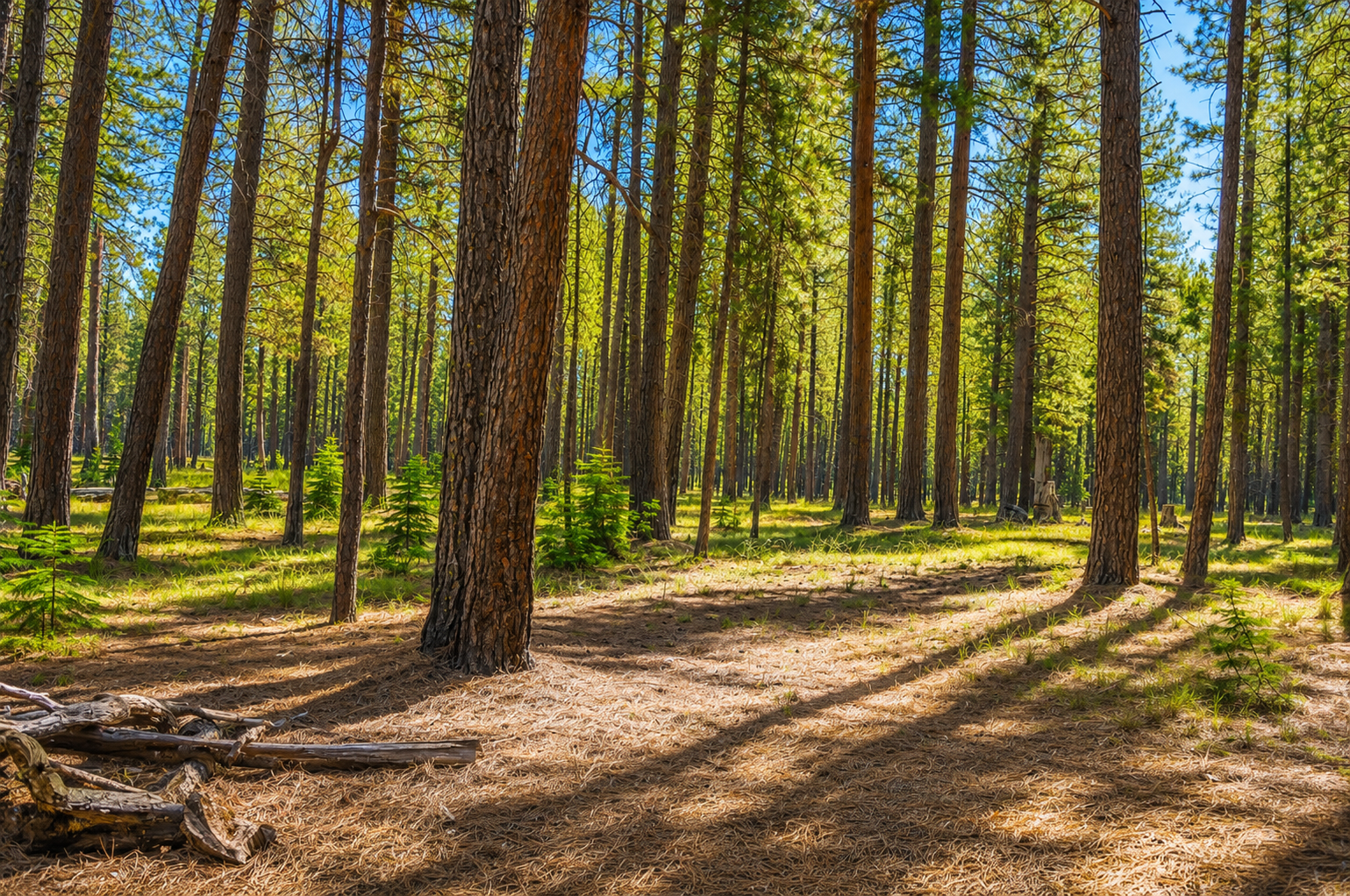 A serene forest setting near the property offers a peaceful natural escape with towering pines and dappled sunlight filtering through the trees.