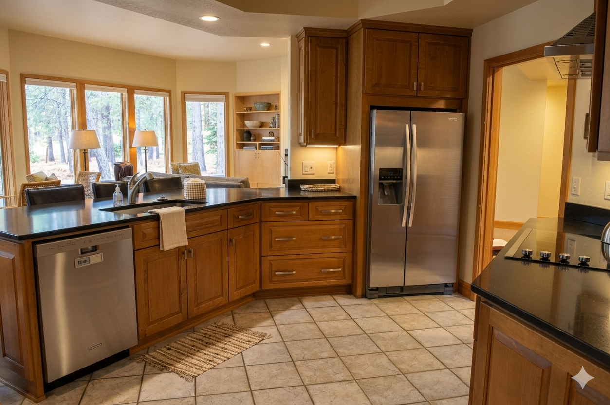 Your fully equipped kitchen features modern appliances, rich wood cabinetry, and granite countertops—perfect for preparing meals while enjoying forest views through bright windows.