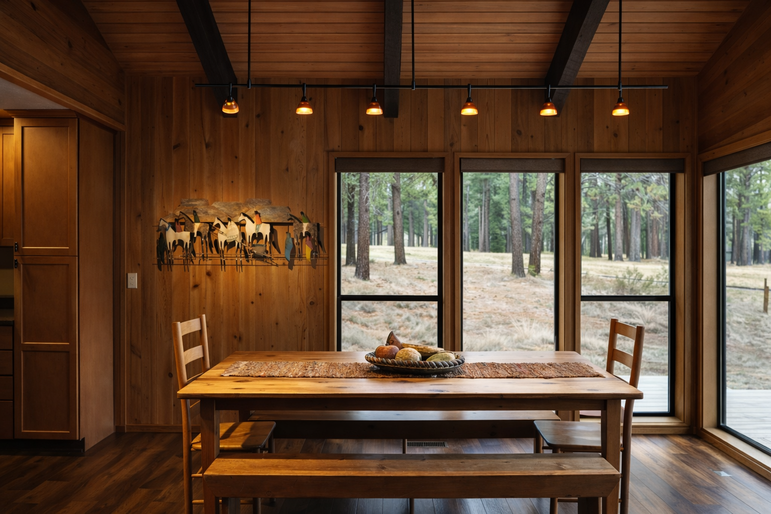 Gather around this handcrafted wooden table where warm pendant lights create the perfect ambiance for your meals together.