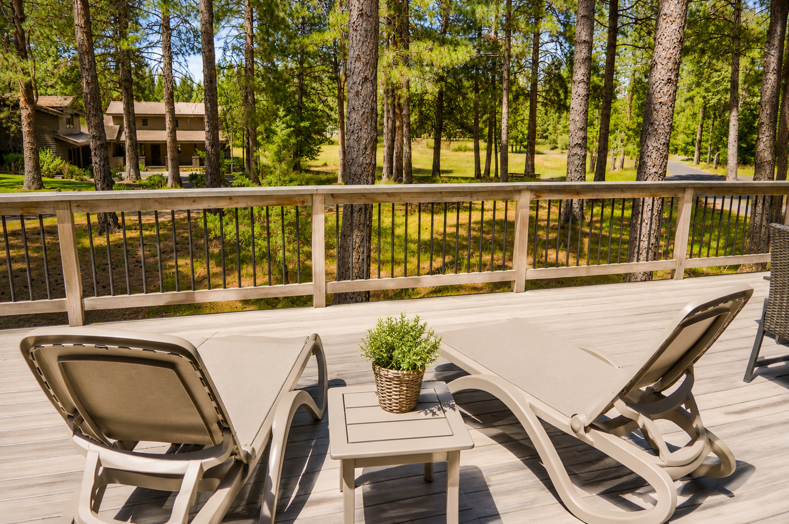 Unwind on your private deck overlooking peaceful woods and open greens—perfect for morning coffee or afternoon relaxation.