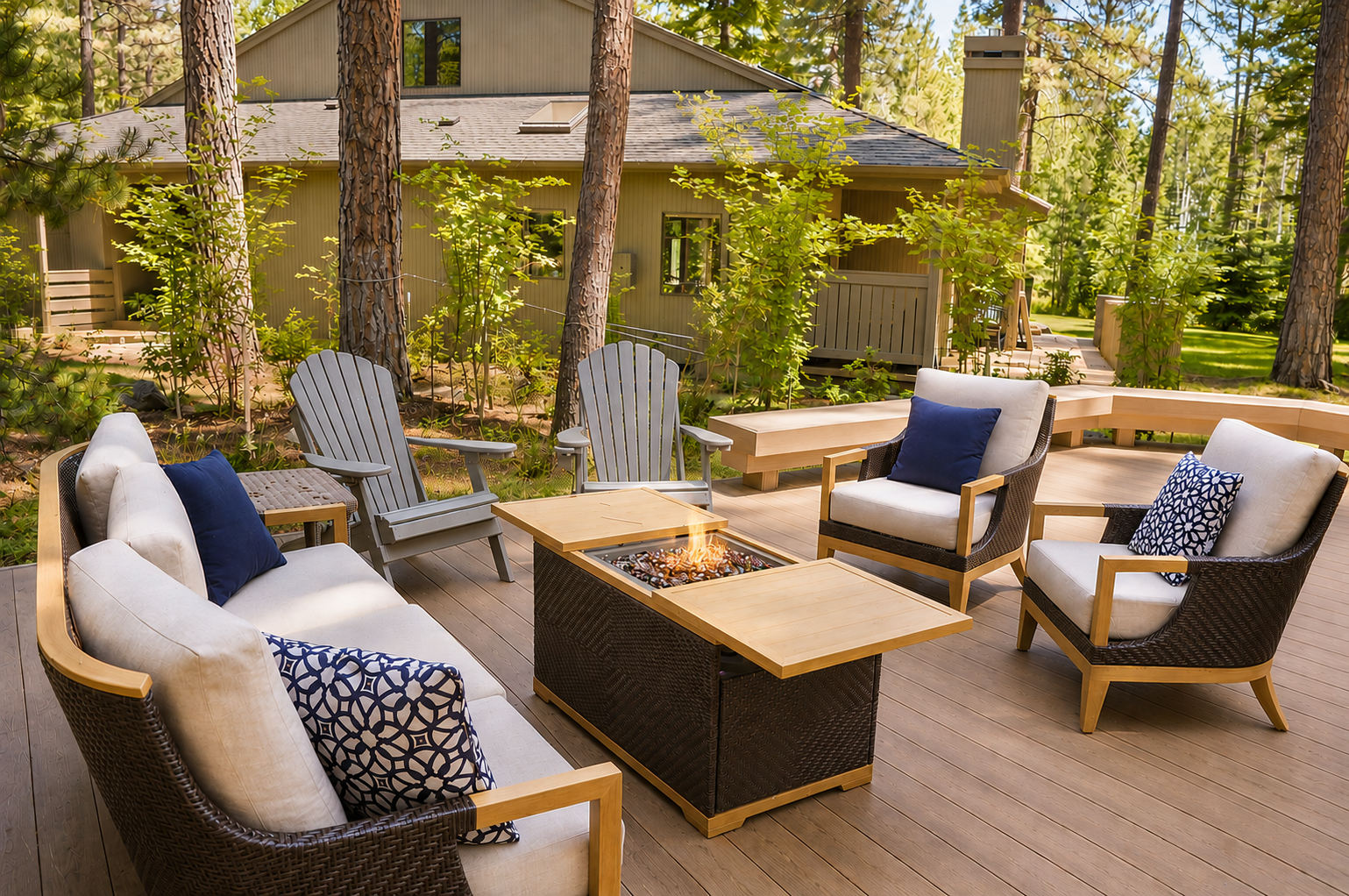 Gather around the fire pit on your private deck, surrounded by towering pines. Sink into plush seating, feel the warmth, and let the forest breeze carry your worries away.