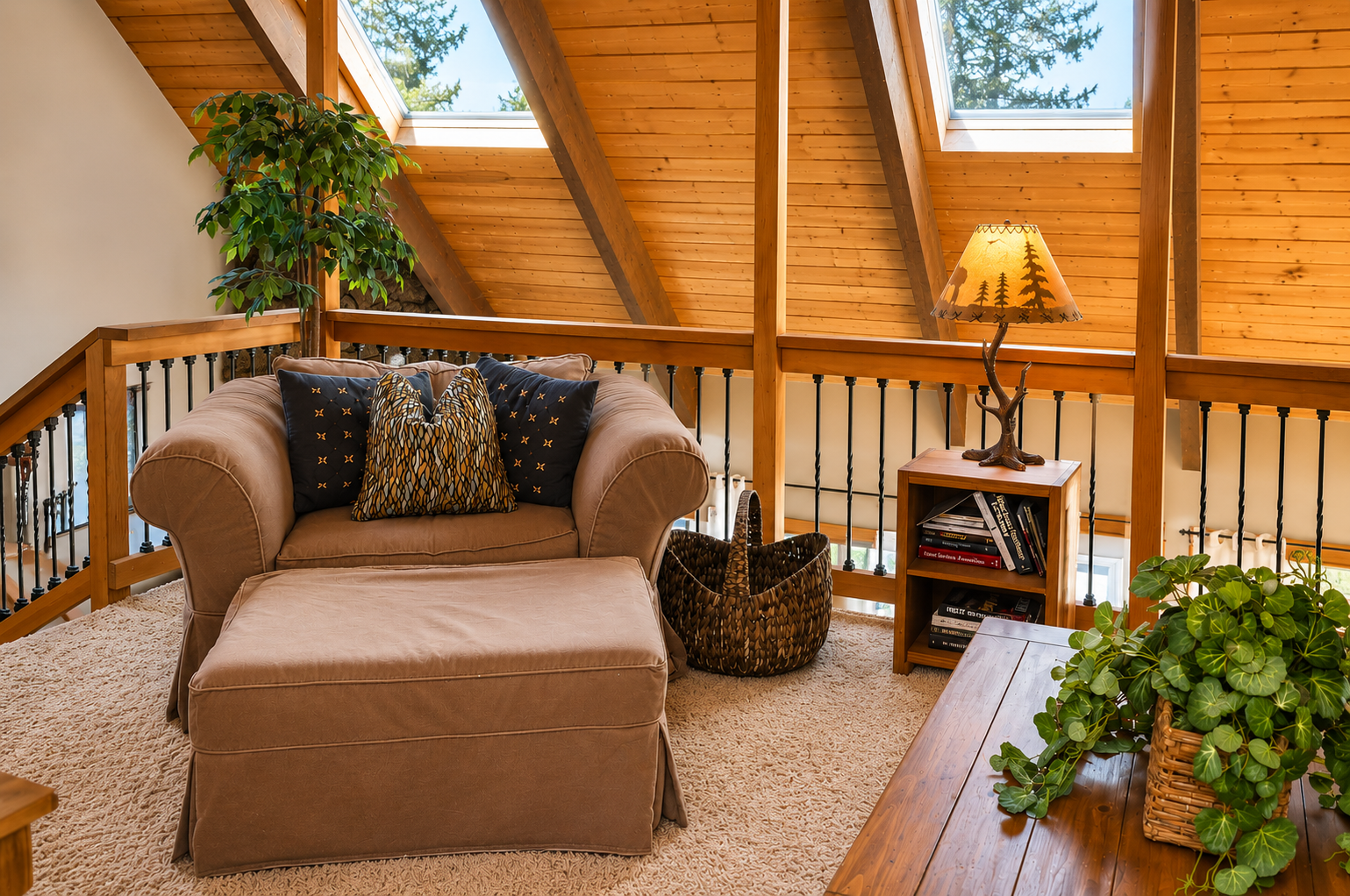 Curl up in this cozy loft reading nook with soaring skylights and warm wood beams, where natural light pours over your favorite chair and mountain-themed lamp creates the perfect retreat.