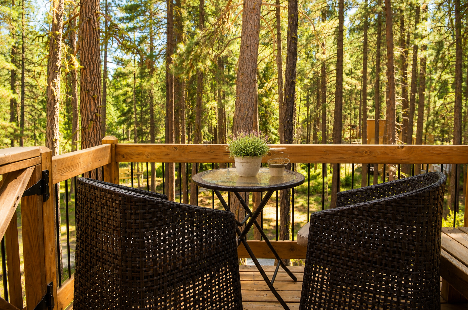 Step onto your private balcony and breathe in the fresh forest air. Enjoy morning coffee at this cozy bistro set, surrounded by towering pines and peaceful woodland views.