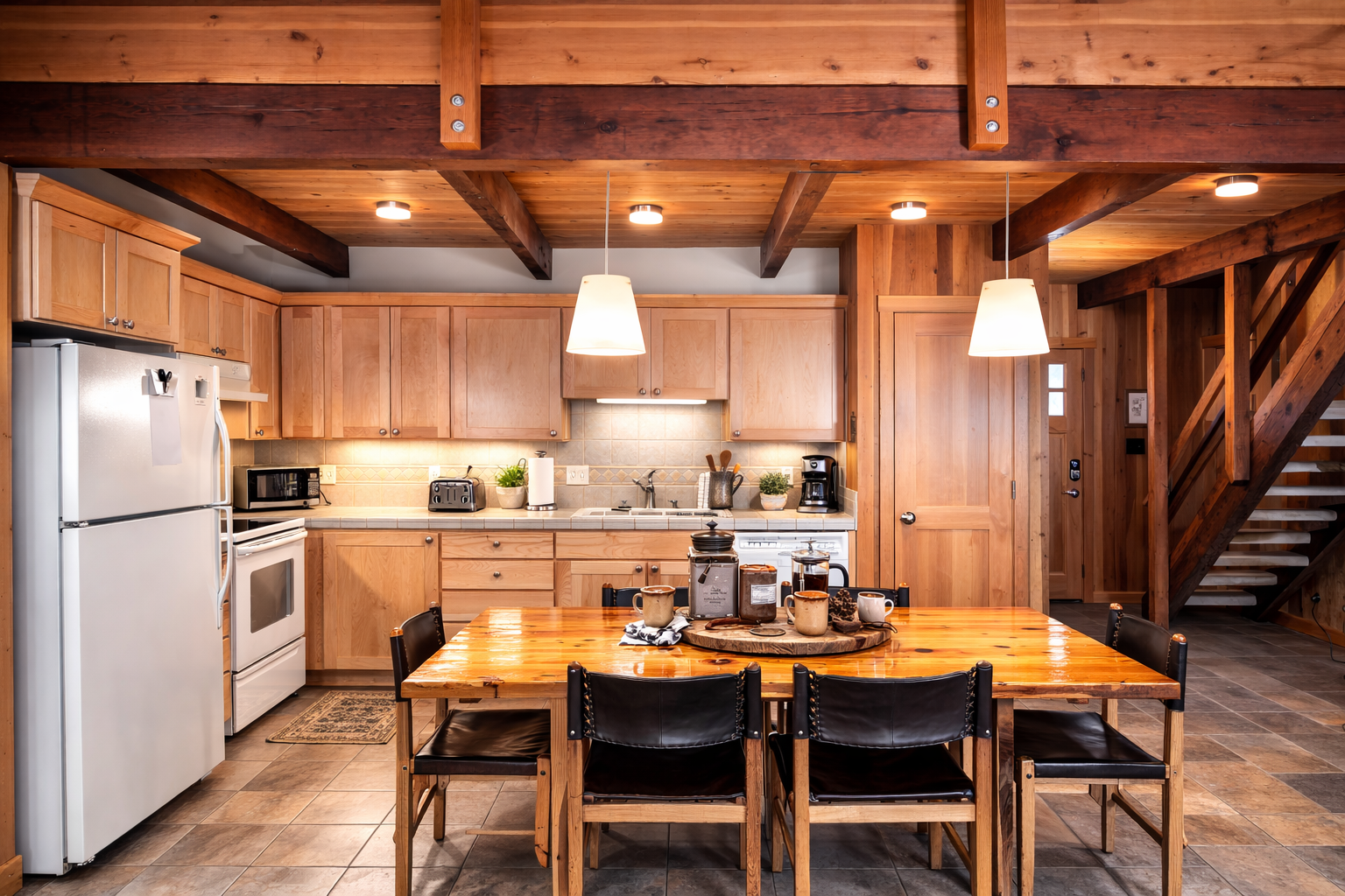 Your stunning kitchen features exposed beams, modern appliances, and a rustic wood dining table perfect for memorable meals together.