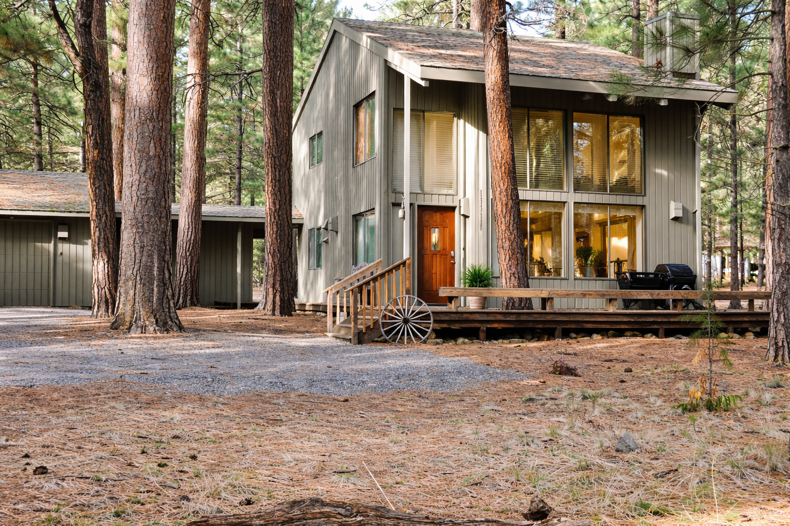 Modern cabin nestled among towering pines with spacious deck and forest setting for peaceful retreat.
