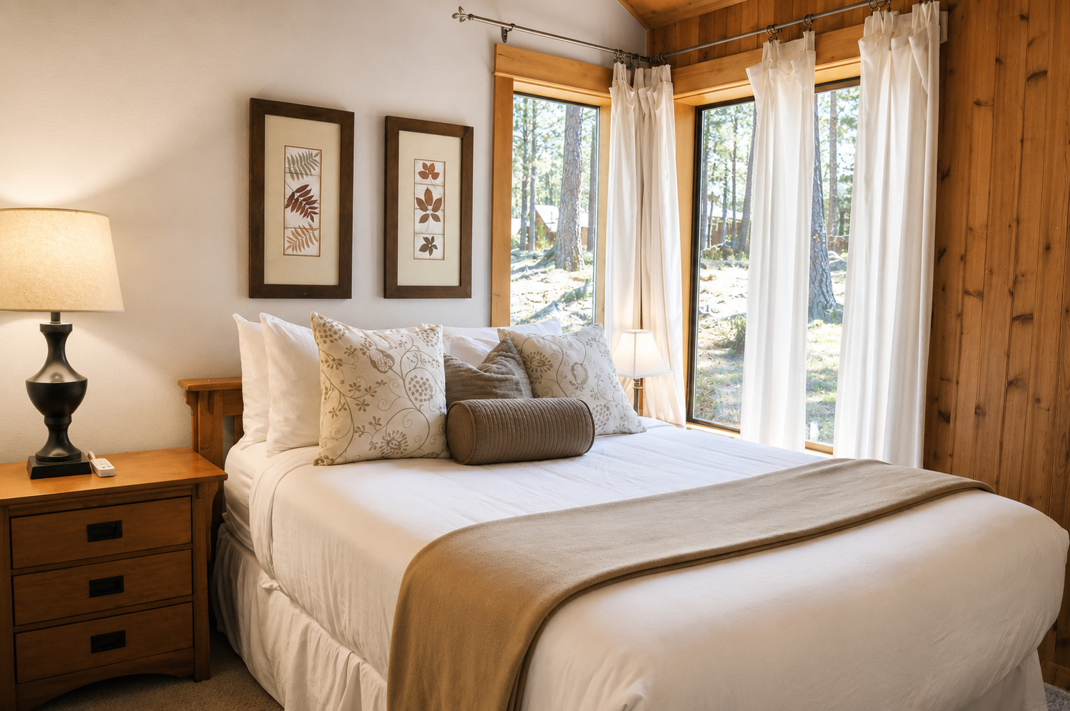 Drift off in your cozy bedroom with natural wood accents and crisp linens. Large windows frame peaceful forest views, inviting morning light and the calming presence of towering pines right outside.