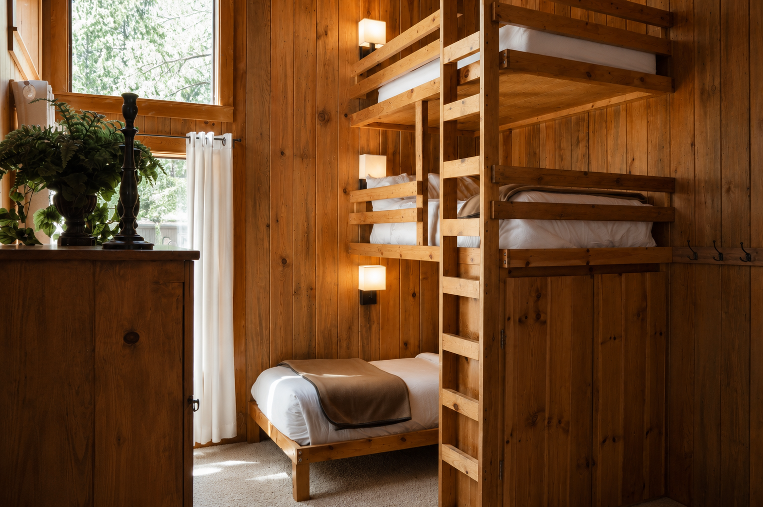 Triple bunk beds nestle into warm wood walls, creating a cozy retreat where natural light spills in and crisp linens await. Your peaceful hideaway among the trees.