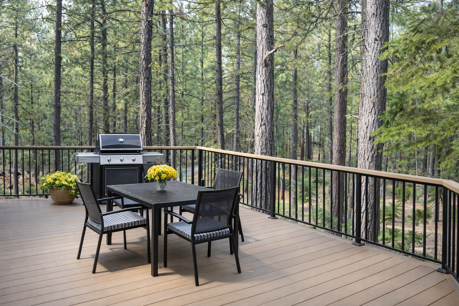 Savor your morning coffee at this private forest deck, where fresh air and towering pines create the perfect outdoor dining retreat.