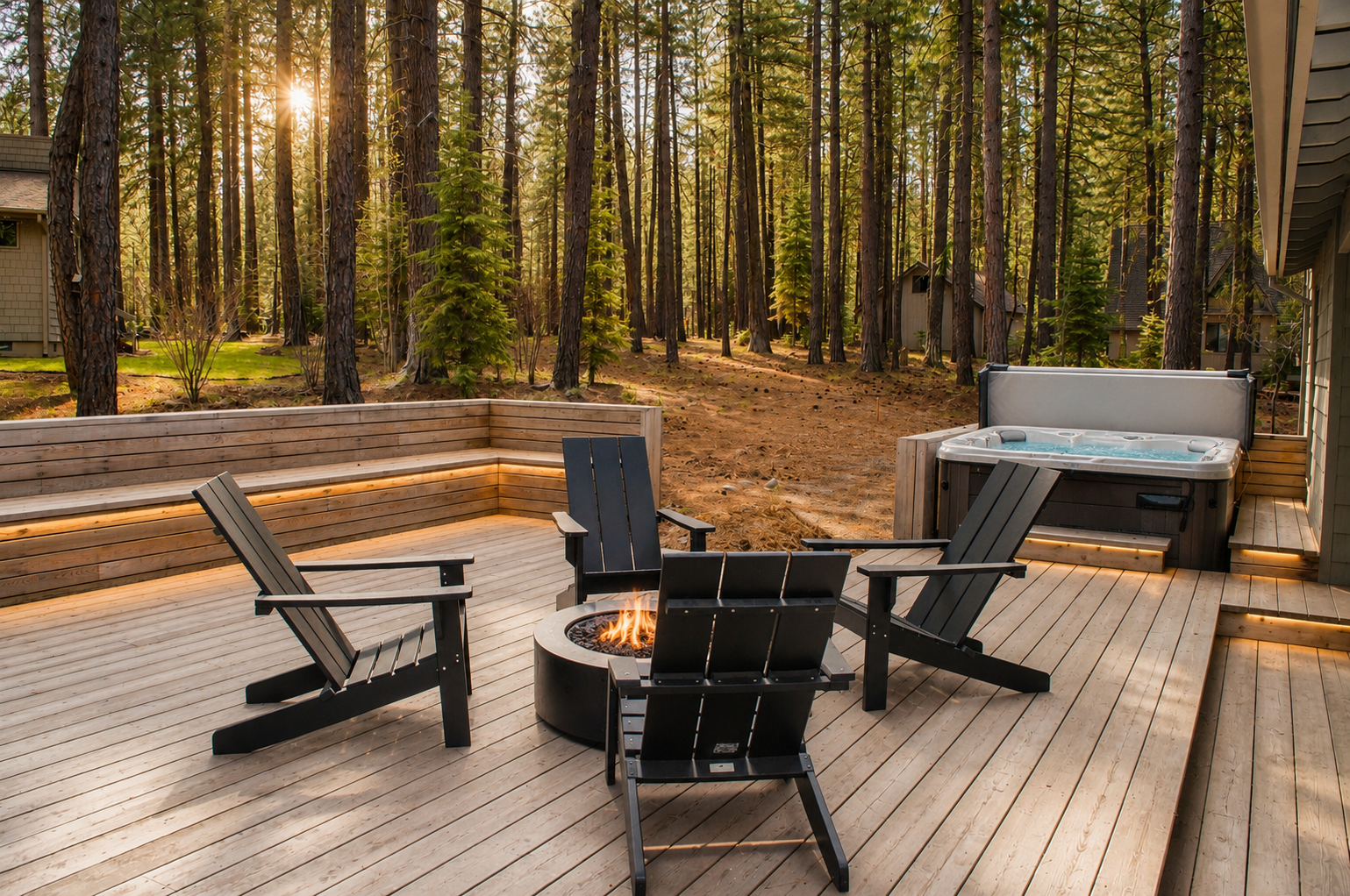 Unwind on your private deck with a crackling fire, hot tub, and towering pines—your perfect forest retreat awaits.