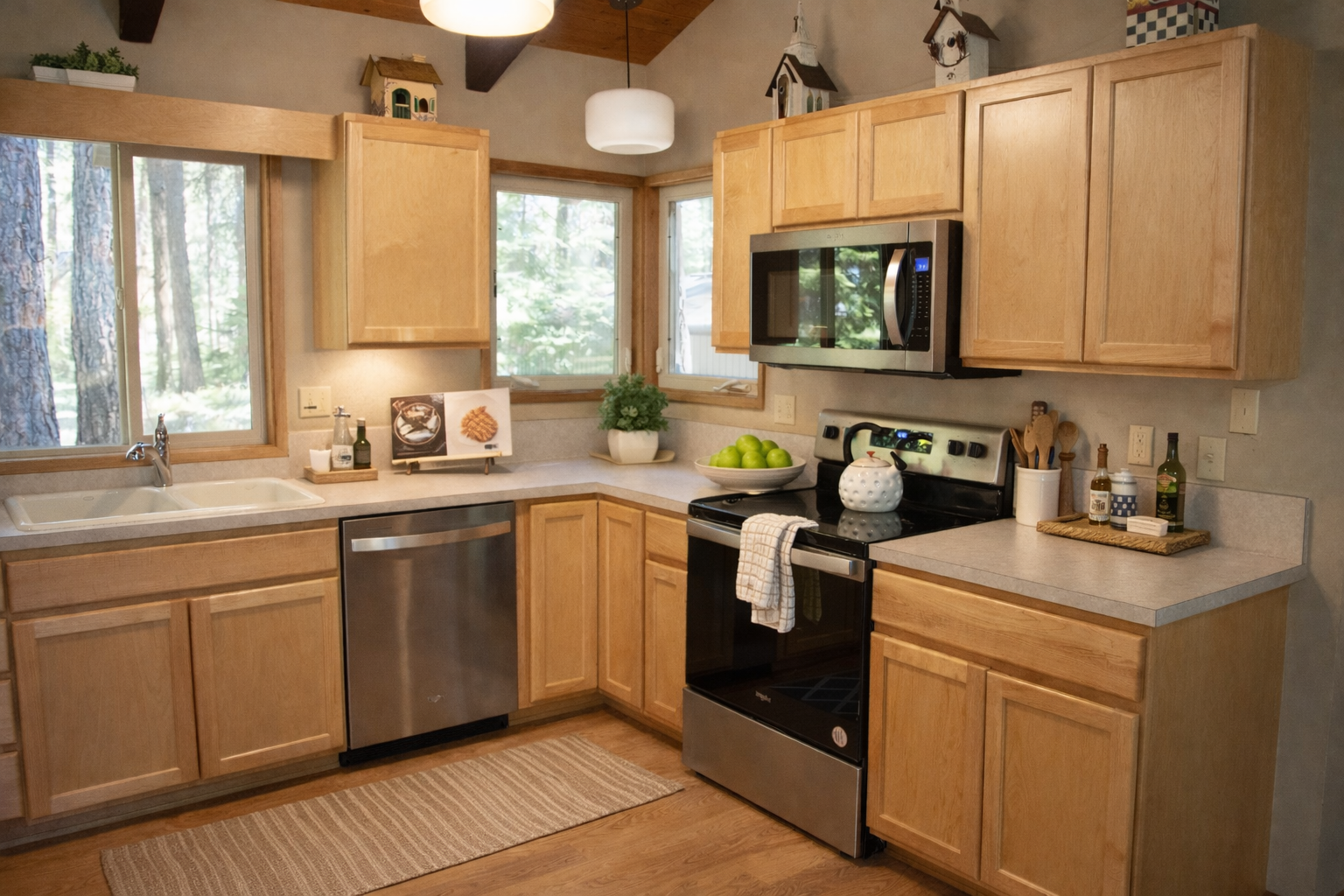Your fully-equipped kitchen welcomes you with warm wood cabinets, modern appliances, and peaceful forest views for memorable meal preparation.