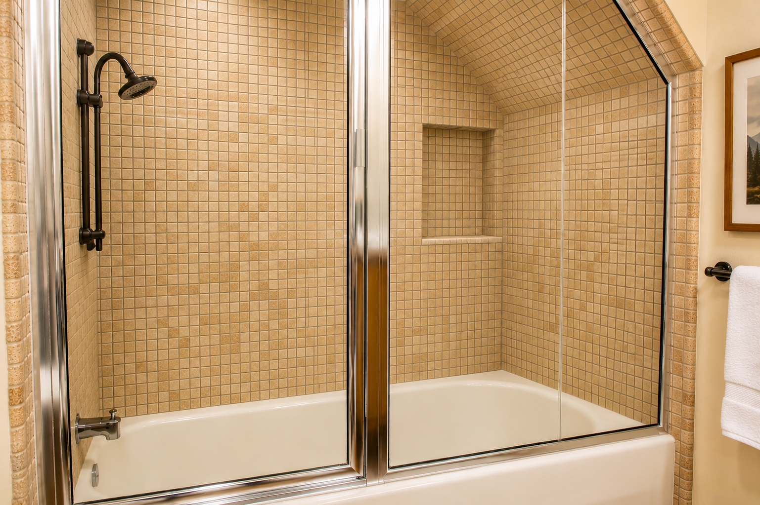 Step into your private tub-shower combo with warm neutral mosaic tiles, a built-in niche for your toiletries, and dual showerheads for ultimate comfort and convenience.