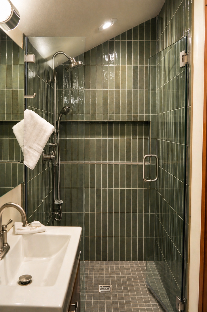 Refresh in your private bathroom featuring a spacious walk-in shower with sleek green tile and a convenient hand-held showerhead. Plush towels await.