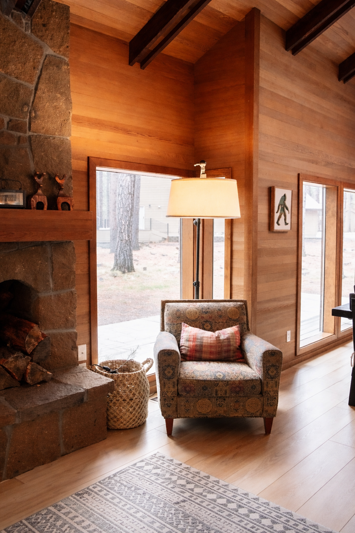 Curl up in your cozy armchair by the stone fireplace, where warm wood surrounds you and snowy views create the perfect winter retreat.