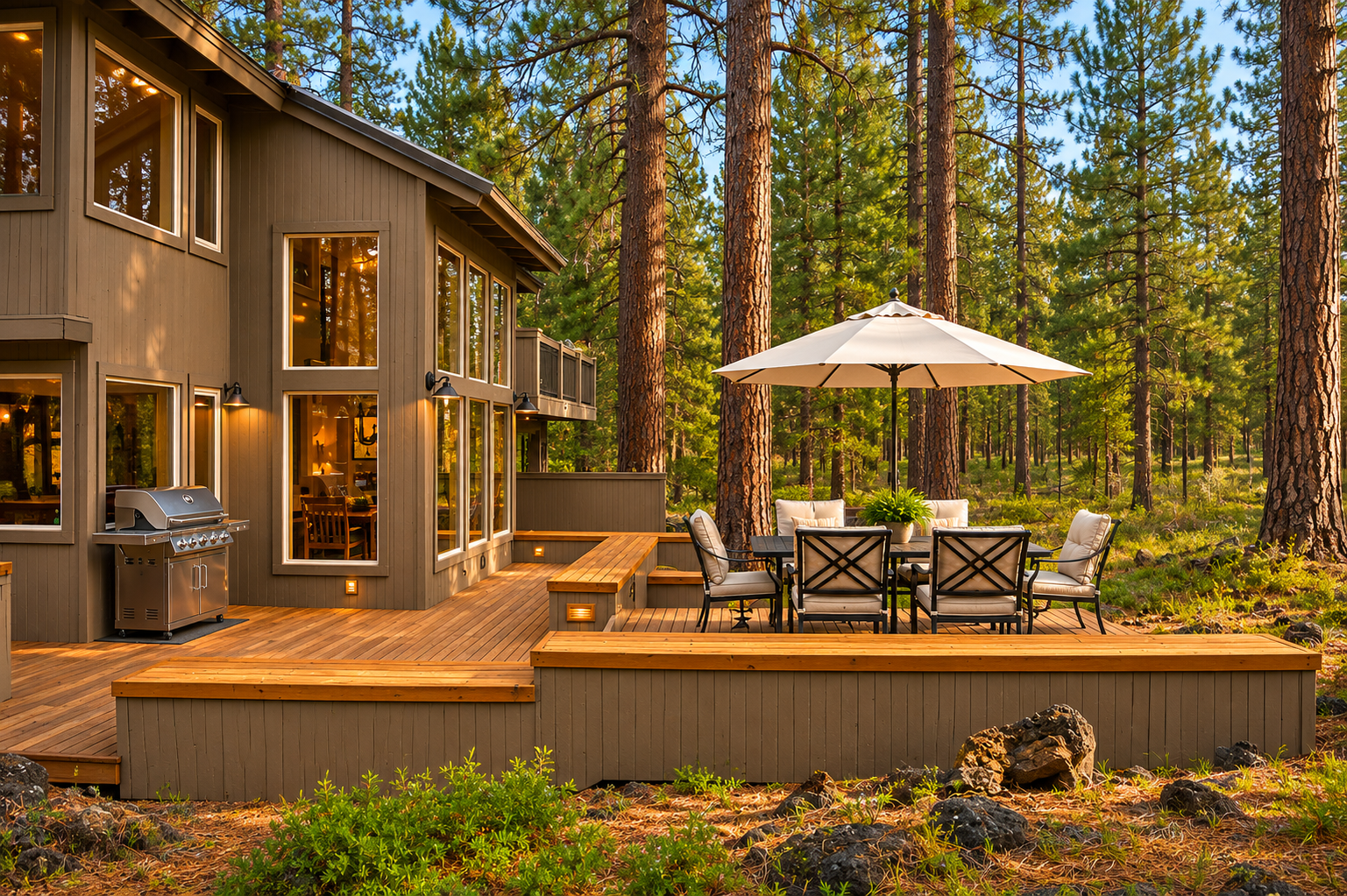 Spacious deck nestled among towering pines, complete with a dining set, BBQ grill, and shaded umbrella—perfect for your outdoor gatherings and peaceful forest views.