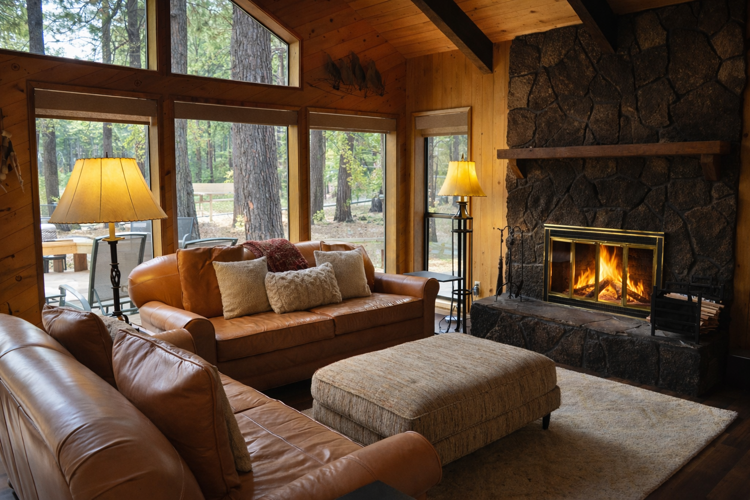 Unwind by your crackling fireplace in this cozy living room, where leather sofas and forest views create the perfect retreat.