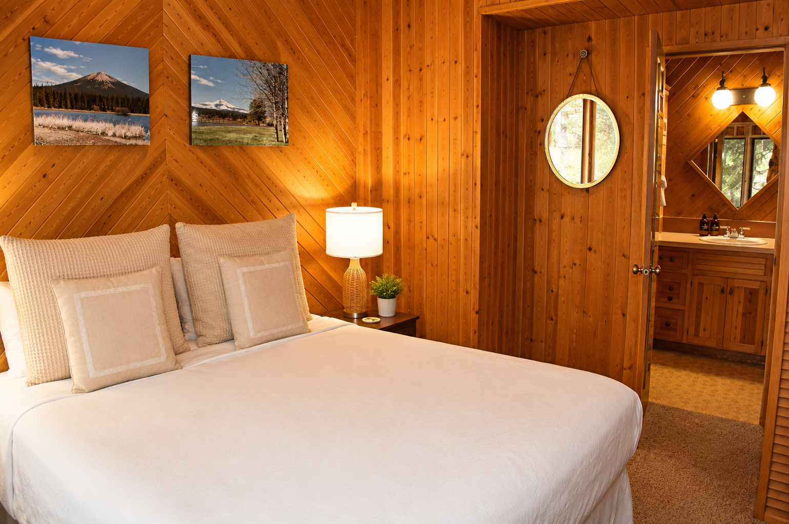 Sink into crisp linens and warm wood tones in your private mountain retreat, where local landscape art frames your tranquil nights and mornings begin steps from your en-suite bath.