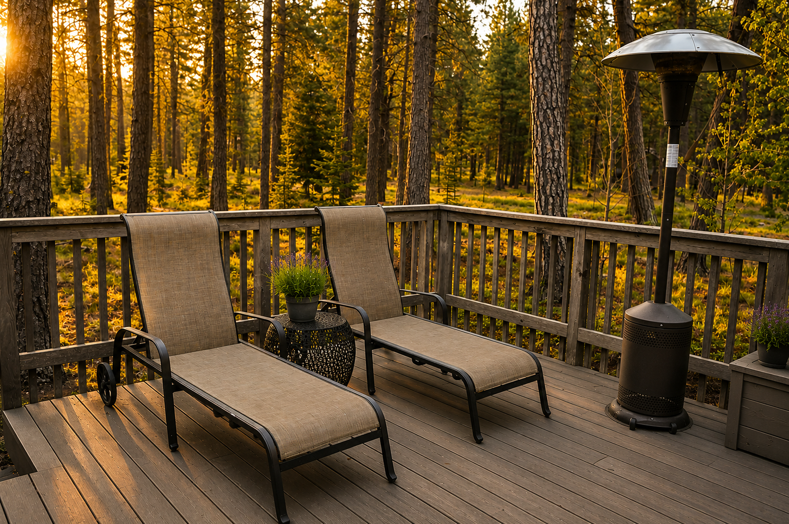 The secluded deck offers a tranquil forest view as golden light filters through the tall pines, with two comfortable loungers for unwinding during your stay.