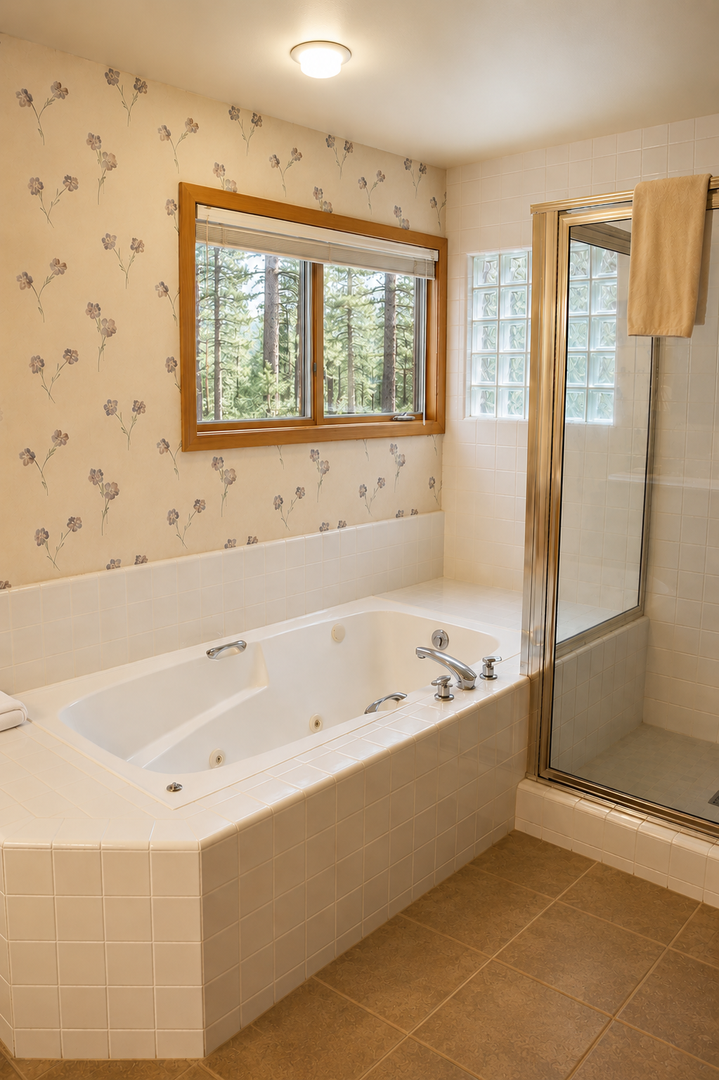 Unwind in your private spa-like bathroom, featuring a spacious jetted tub and separate shower, with calming forest views to help you relax after a day of adventure.