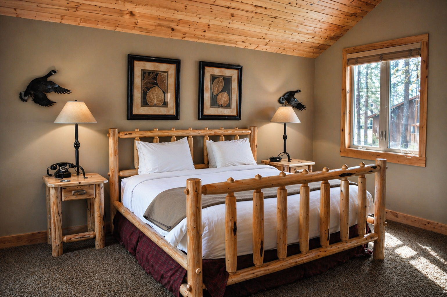 Your rustic log bed awaits with crisp linens and forest views streaming through windows, creating the perfect mountain retreat sanctuary.