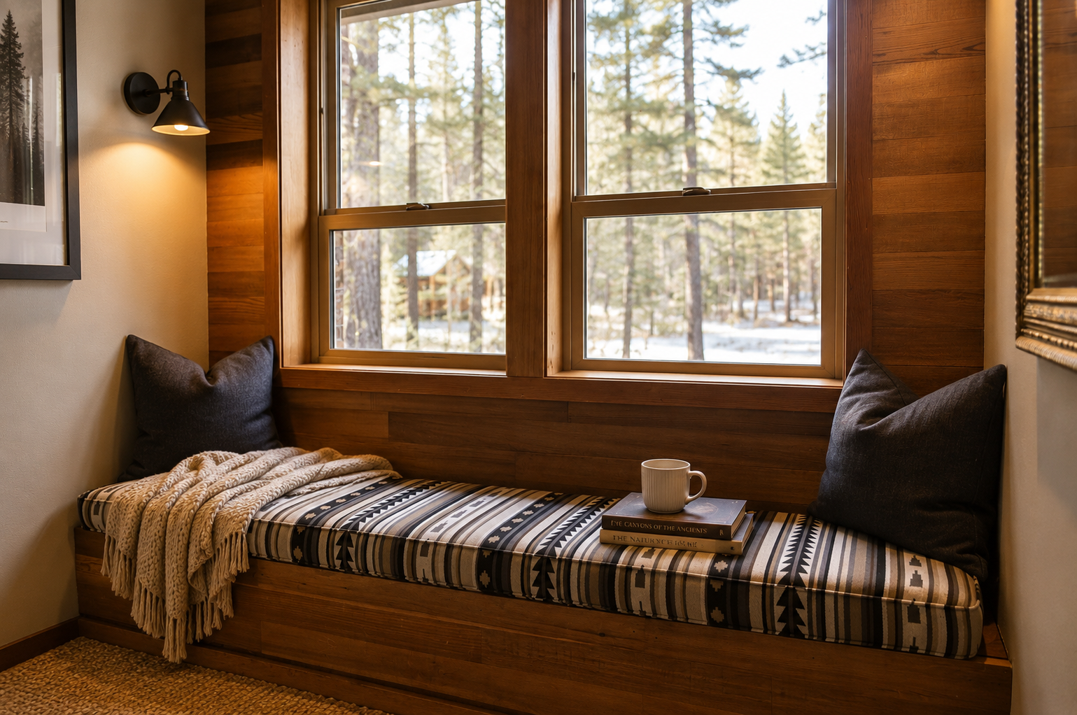 Curl up in your cozy window nook with a warm drink and a good book, watching snowflakes drift through the peaceful winter forest outside your windows.