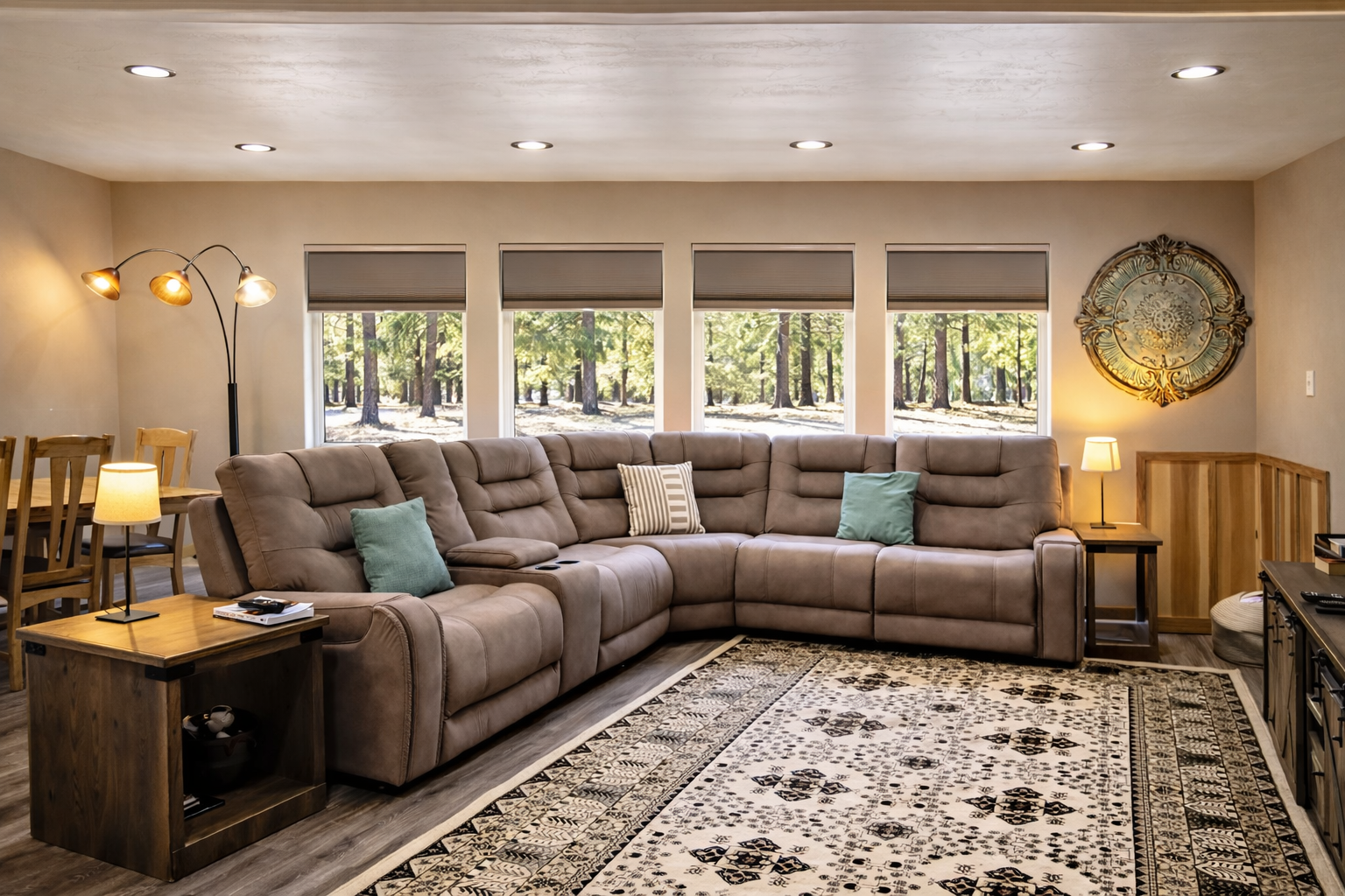 Sink into the plush sectional sofa and enjoy peaceful forest views through large windows, perfect for relaxing after exploring.