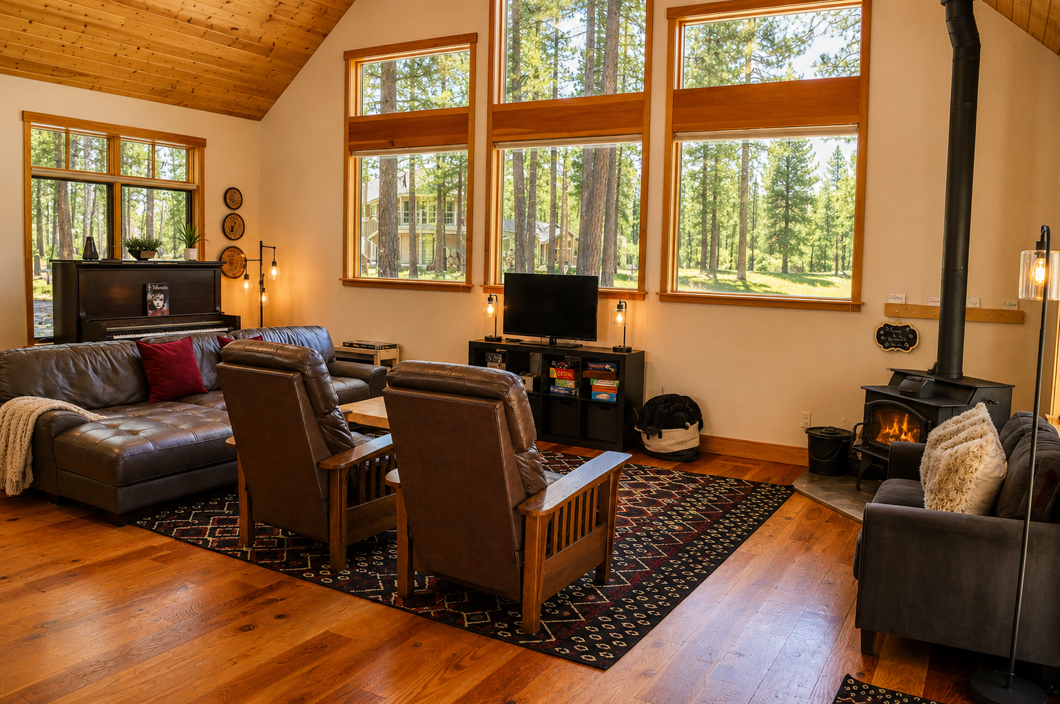 Unwind in this bright living room featuring plush leather seating, a crackling fireplace, and floor-to-ceiling windows framing stunning forest views—your perfect mountain retreat awaits.