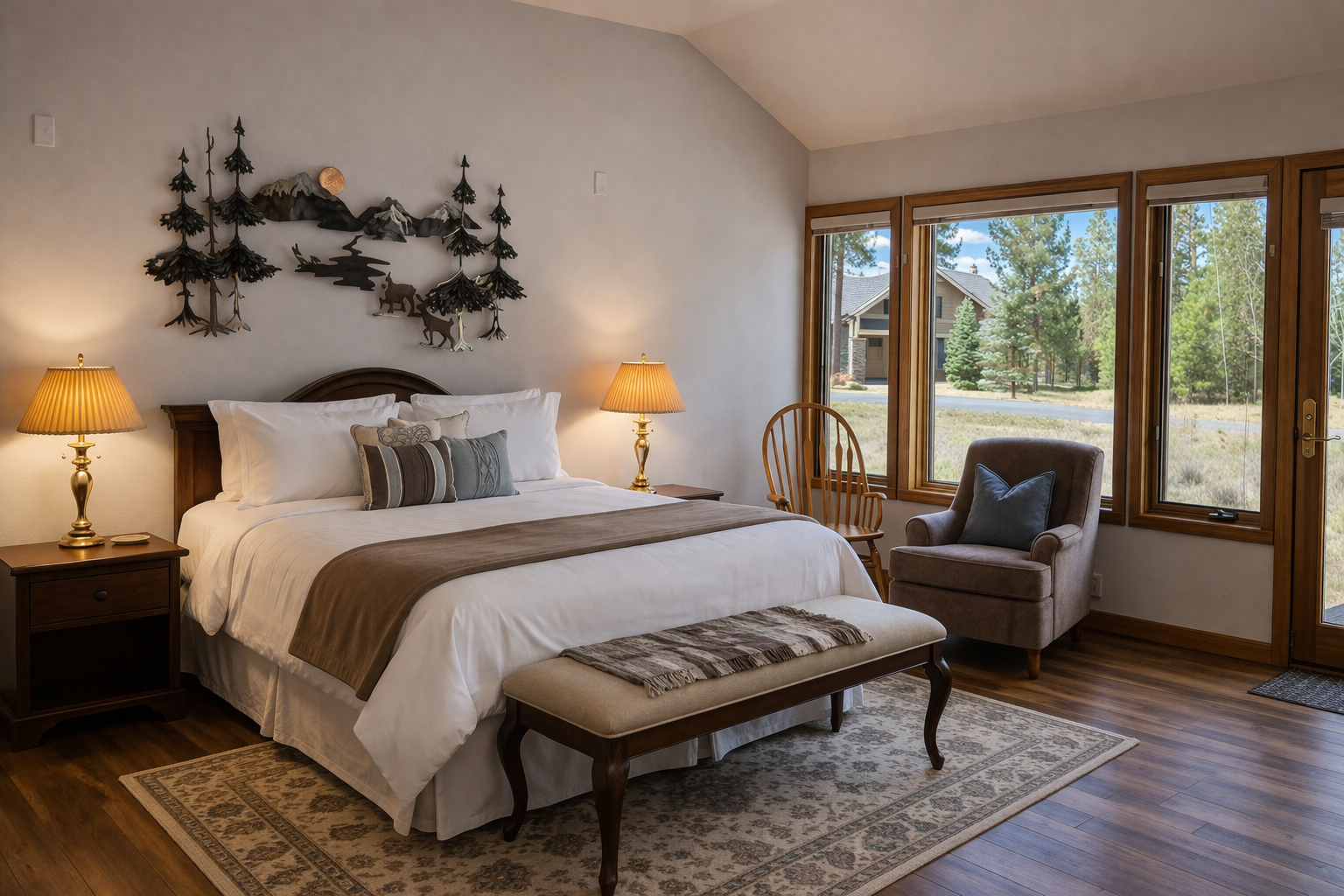 Sink into this luxurious king bed surrounded by rustic mountain charm, where warm lighting and forest views create your perfect retreat.