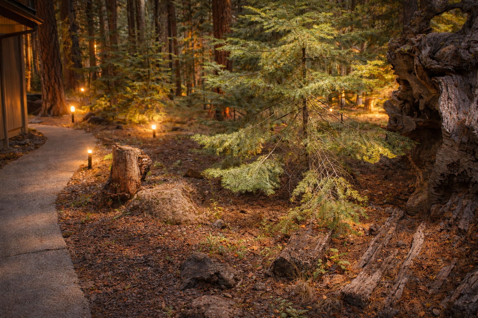 A magical forest path illuminated by warm pathway lighting leads through towering trees and natural landscaping near the property entrance.