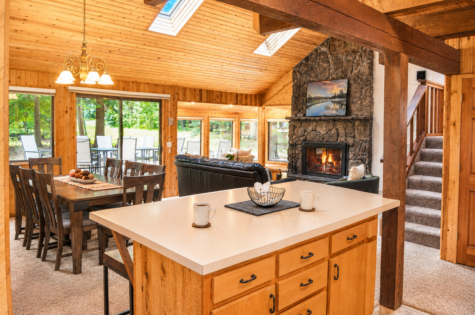 Gather around the island or dine by the fireplace—this open space invites you to relax, cook, and make memories together in a warm, wood-filled retreat.