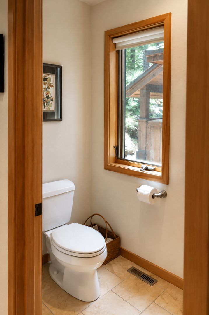 A cozy half-bath with warm wood accents and natural light streaming through the window, offering you a quiet, comfortable space to refresh during your stay.