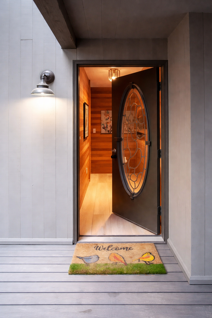 Modern entrance with decorative glass door and charming welcome mat creates an inviting arrival experience.