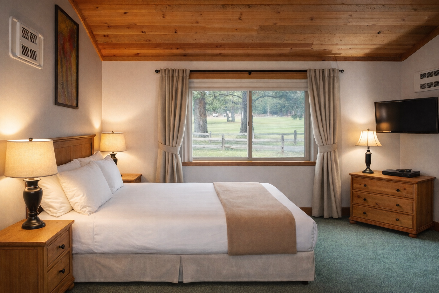Unwind in this cozy bedroom featuring rustic wood beams, crisp linens, and peaceful garden views from your window.