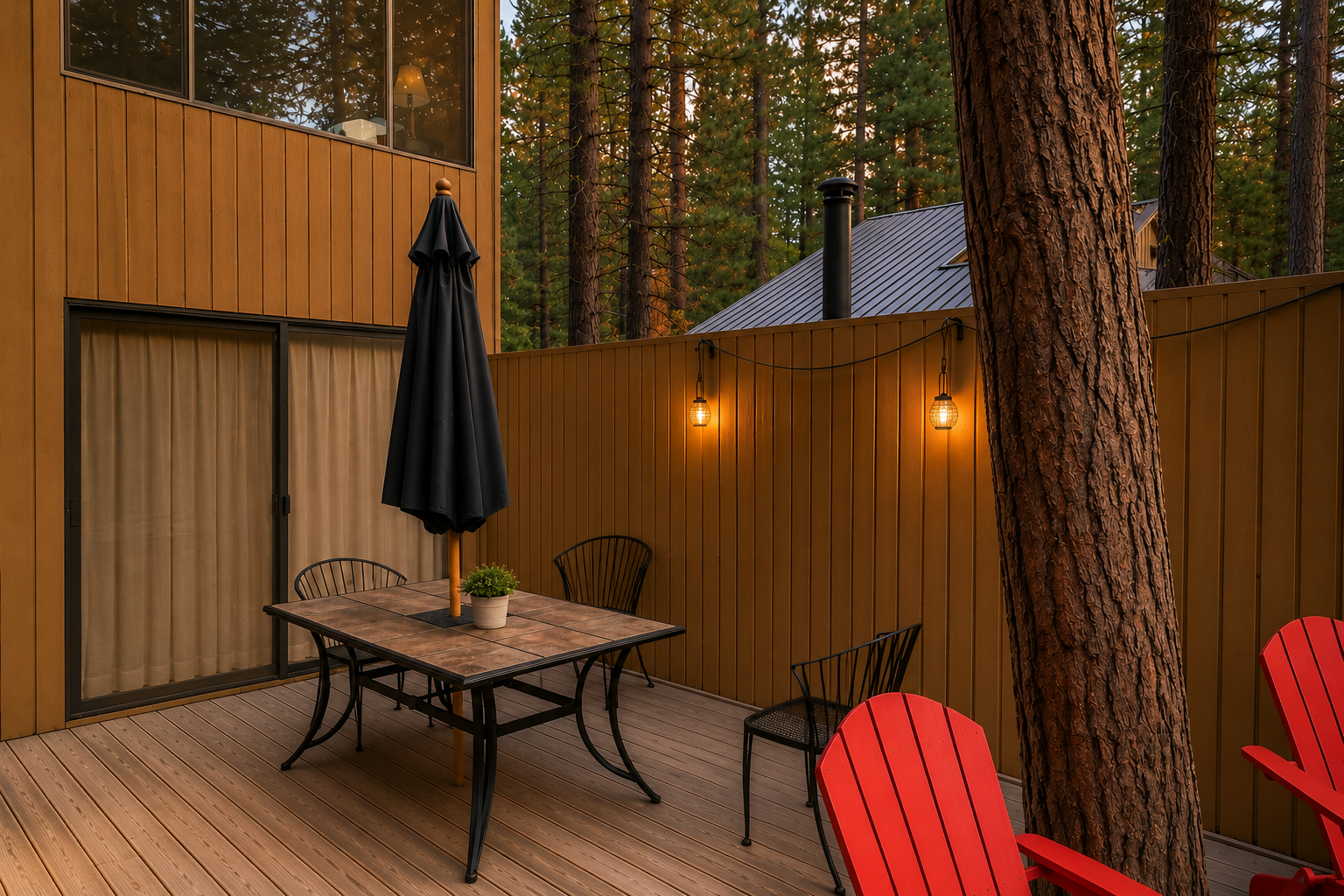 Your private deck glows with warm lighting as you dine outdoors, surrounded by towering pines and peaceful forest ambiance—perfect for unwinding after a day of exploring.