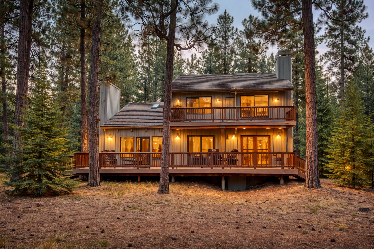 A charming forest cabin with warm lighting and expansive decks nestled among towering pines.