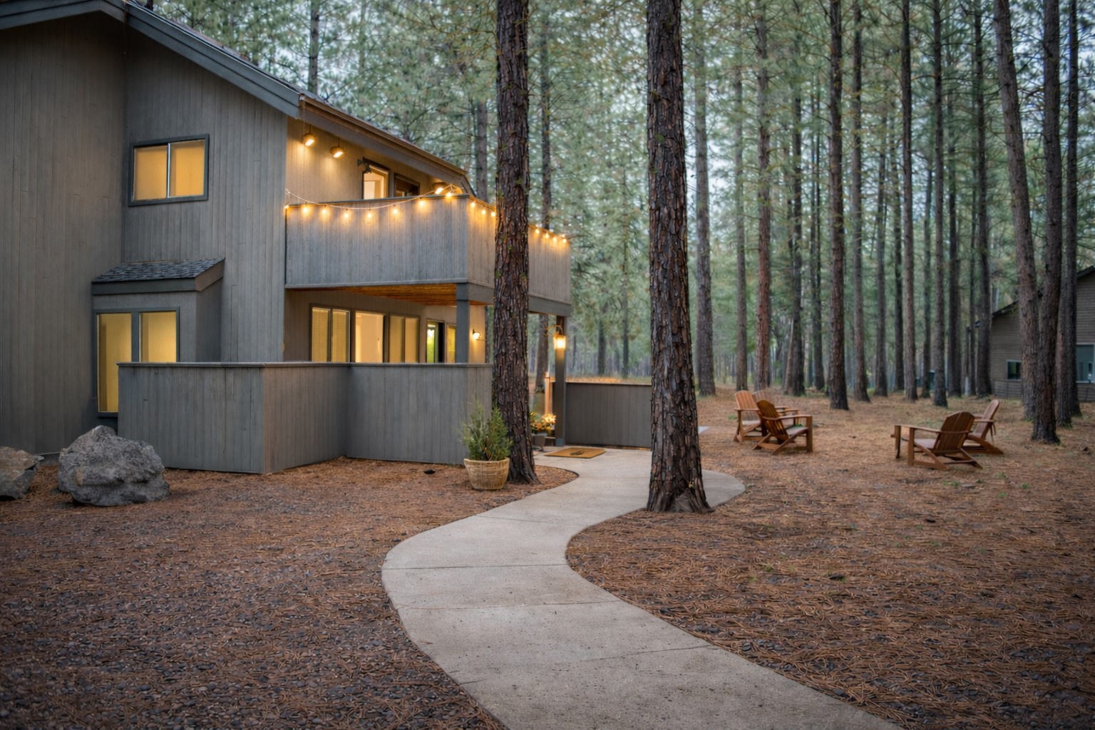 Modern forest cabin with twinkling lights and outdoor seating surrounded by towering pines - a peaceful retreat.
