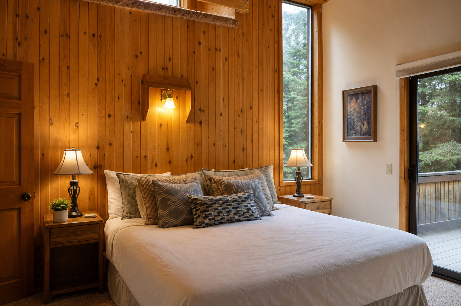 Sink into this cozy mountain bedroom with warm wood walls, plush bedding, and peaceful forest views right outside your door—your perfect alpine retreat.