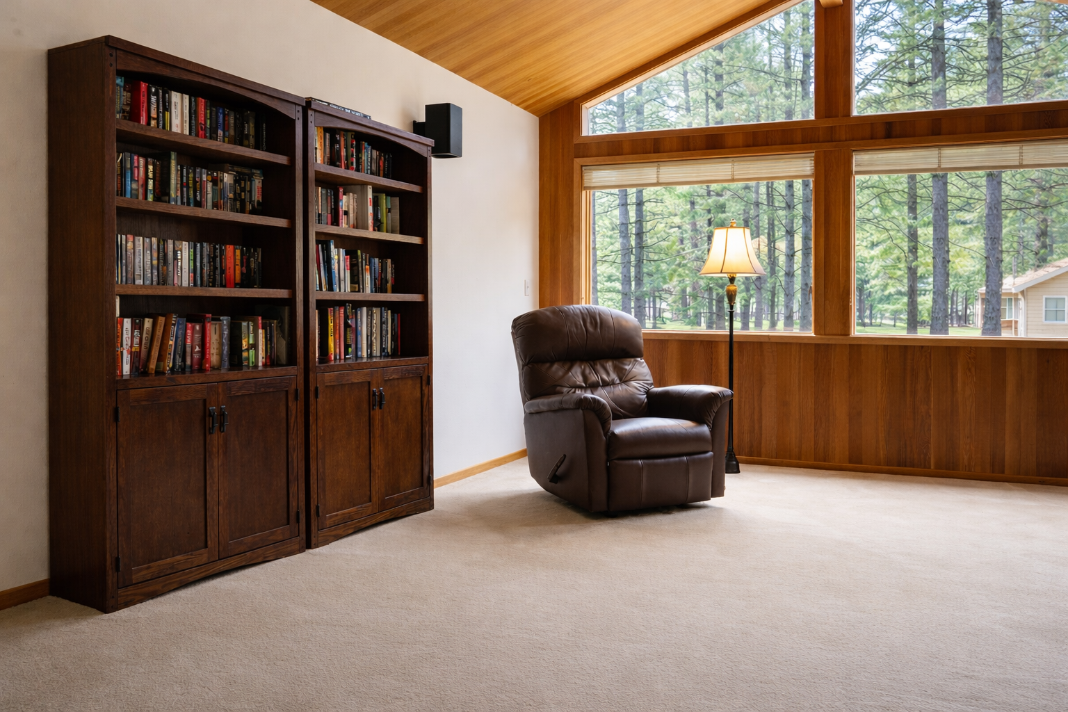 Sink into your favorite novel in this cozy reading nook, surrounded by floor-to-ceiling bookshelves and forest views.