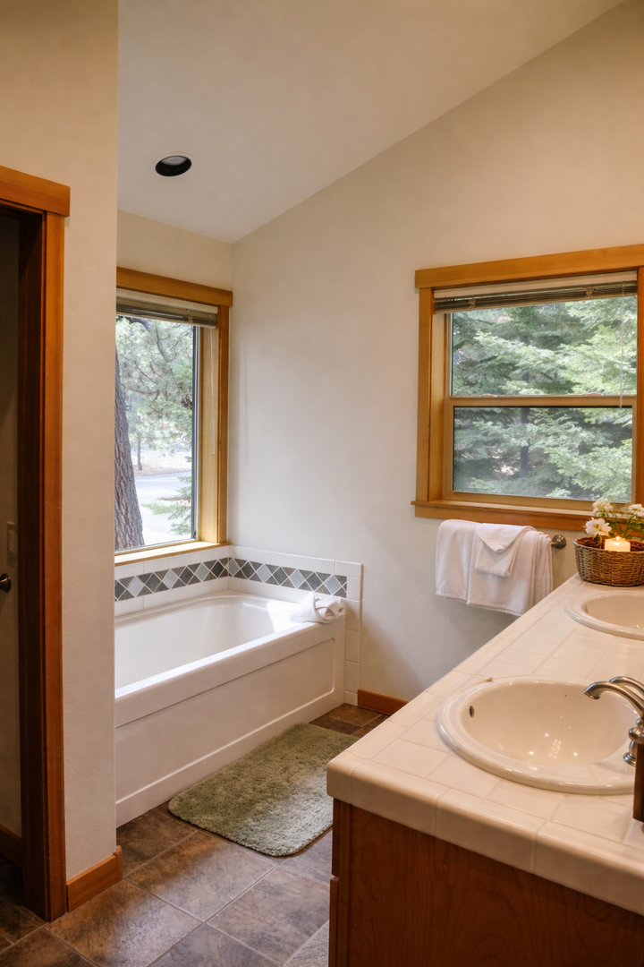 Soak in your private tub surrounded by forest views through charming wood-framed windows—pure tranquility awaits.