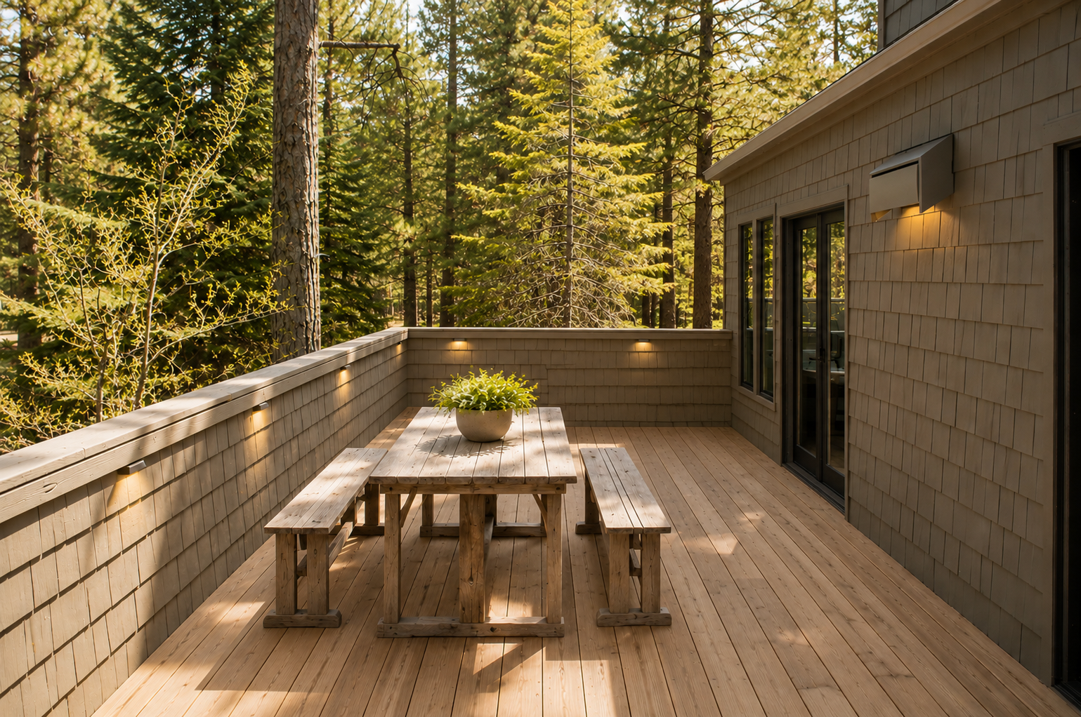 Your private deck surrounded by towering pines offers the perfect spot to enjoy morning coffee or evening meals in nature's embrace.