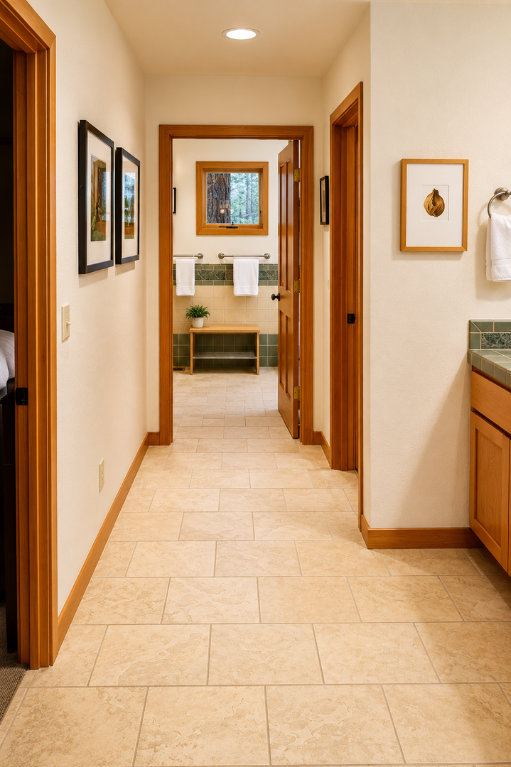 Step into a thoughtfully designed hallway where warm wood tones and curated artwork create an inviting path to your private spa-like bathroom retreat, complete with fresh towels awaiting your arrival.