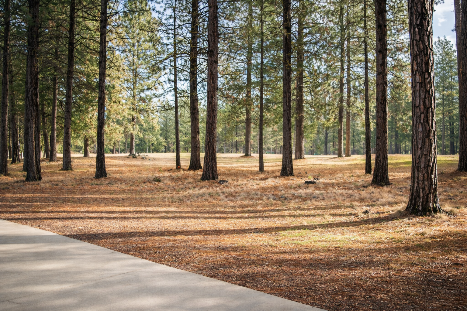 Towering pines create a serene forest setting with scattered golden pine needles covering the peaceful woodland grounds nearby.