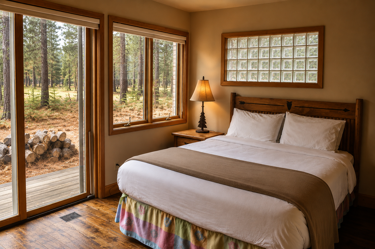 Sink into crisp linens and wake to the tranquil forest just beyond your glass doors, where towering pines and dappled sunlight set the scene for your woodland retreat.